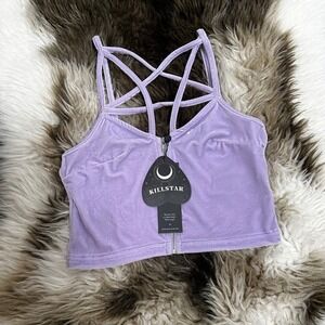 Killstar Lavender Velvet Strappy Pentagram Zip Up Witchy Whimsygoth Crop Top L